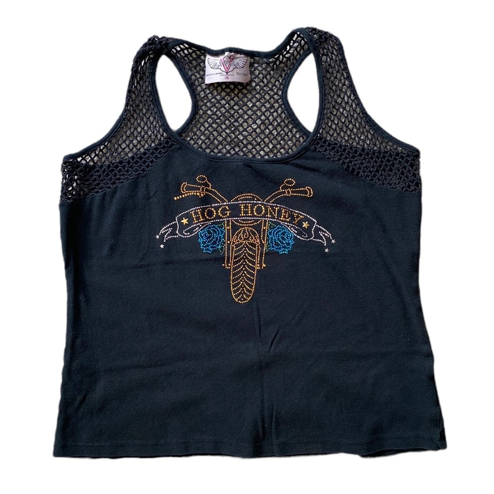 Twin Motorcycle Apparel Black Bedazzled HOG HONEY Mesh Racer Back Tank Top 2XL